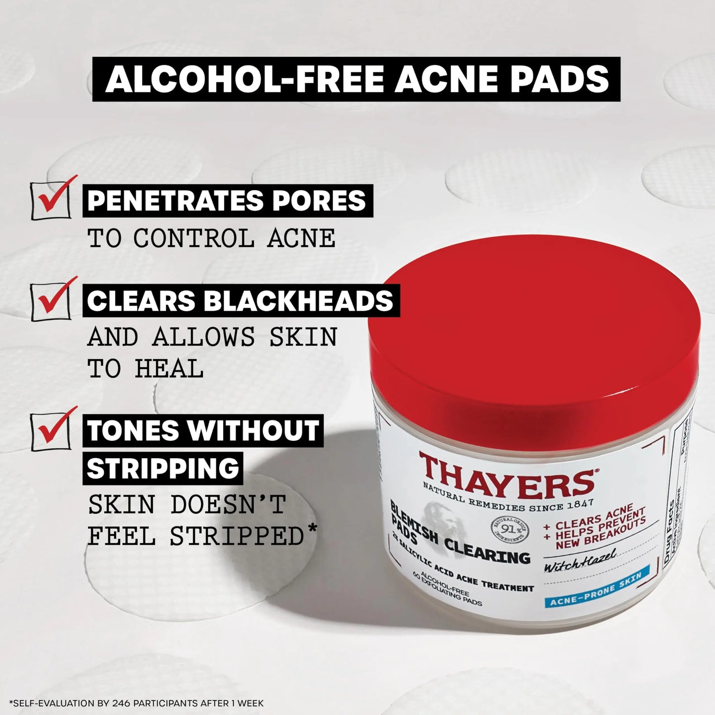 Thayers Blemish Clearing Acne Pads, Salicylic Acid Acne Treatment for Face, Pore Reducing, Exfoliating, and Soothing Skincare, Witch Hazel Toner Pads, 60 Ct 60 Count (Pack of 1)