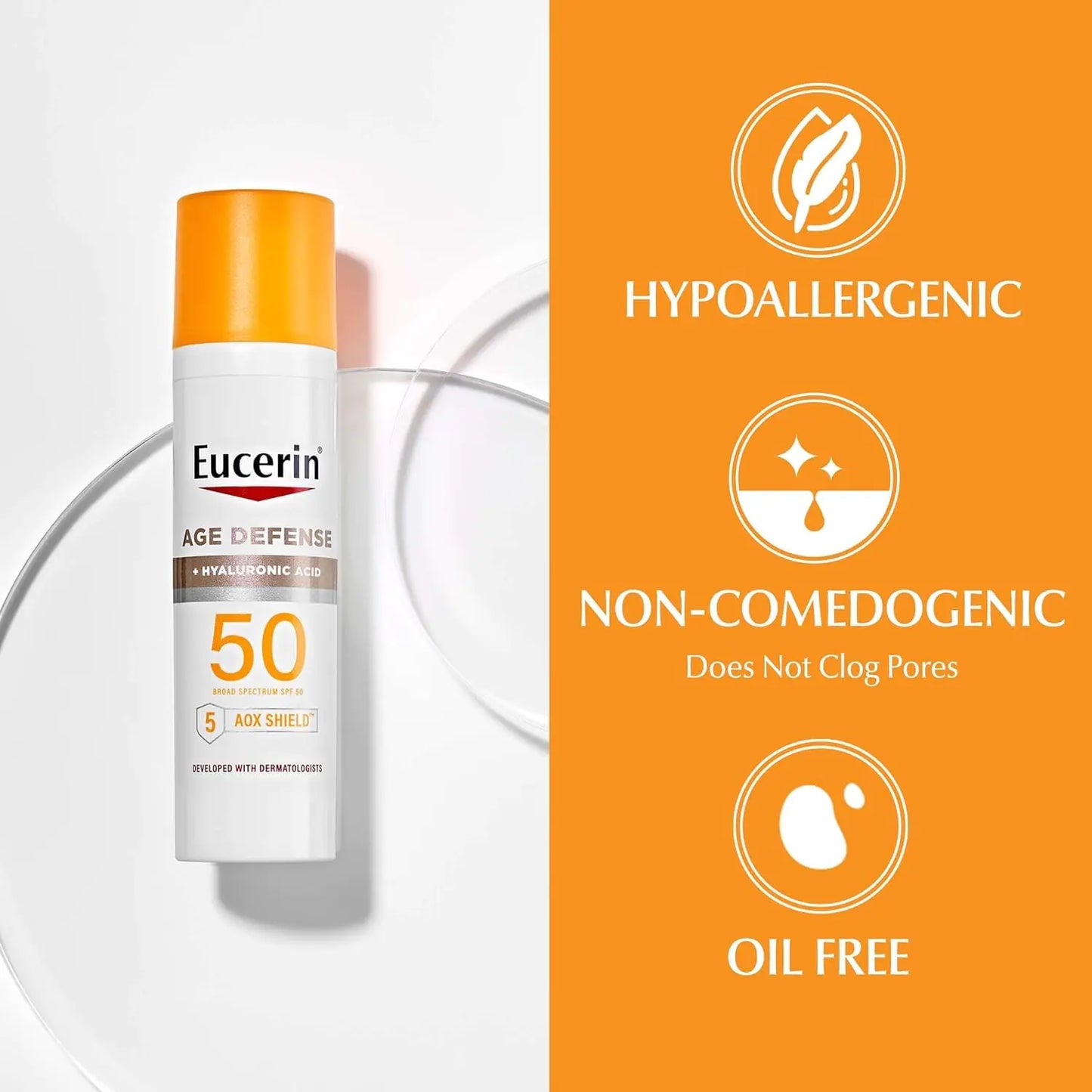 Eucerin Sun Age Defense SPF 50 Face Sunscreen Lotion, Hypoallergenic, Fragrance Free Sunscreen SPF 50 with Hyaluronic Acid, 2.5 Fl Oz Bottle
