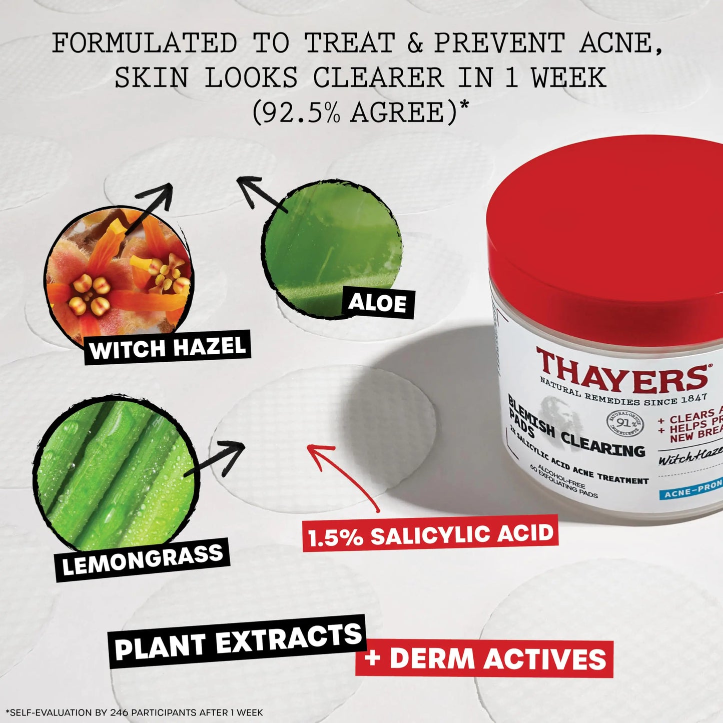 Thayers Blemish Clearing Acne Pads, Salicylic Acid Acne Treatment for Face, Pore Reducing, Exfoliating, and Soothing Skincare, Witch Hazel Toner Pads, 60 Ct 60 Count (Pack of 1)