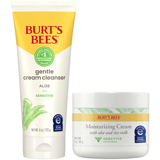 Burt’s Bees Sensitive Skin Bundle, Gentle Cream Facial Cleanser with Aloe and Moisturizing Face Cream with Aloe and Rice Milk, Natural Origin Skincare, 6 oz./3 oz. Cream Cleanser + Moisturizing Cream Bundle