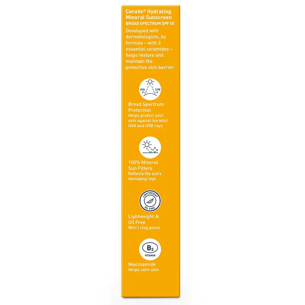 CeraVe 100% Mineral Sunscreen SPF 50 | Face sunscreen With Zinc Oxide & Titanium Dioxide | Hyaluronic Acid + Niacinamide + Ceramides | Oil Free Sunscreen For Face | Travel Size Sunscreen 2.5 oz